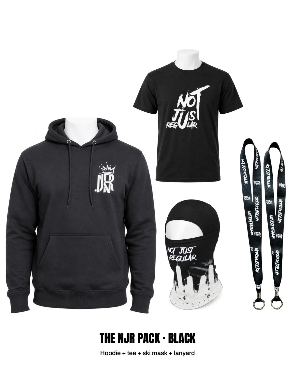 The NJR Pack in Black: hoodie, tee, ski mask and lanyard