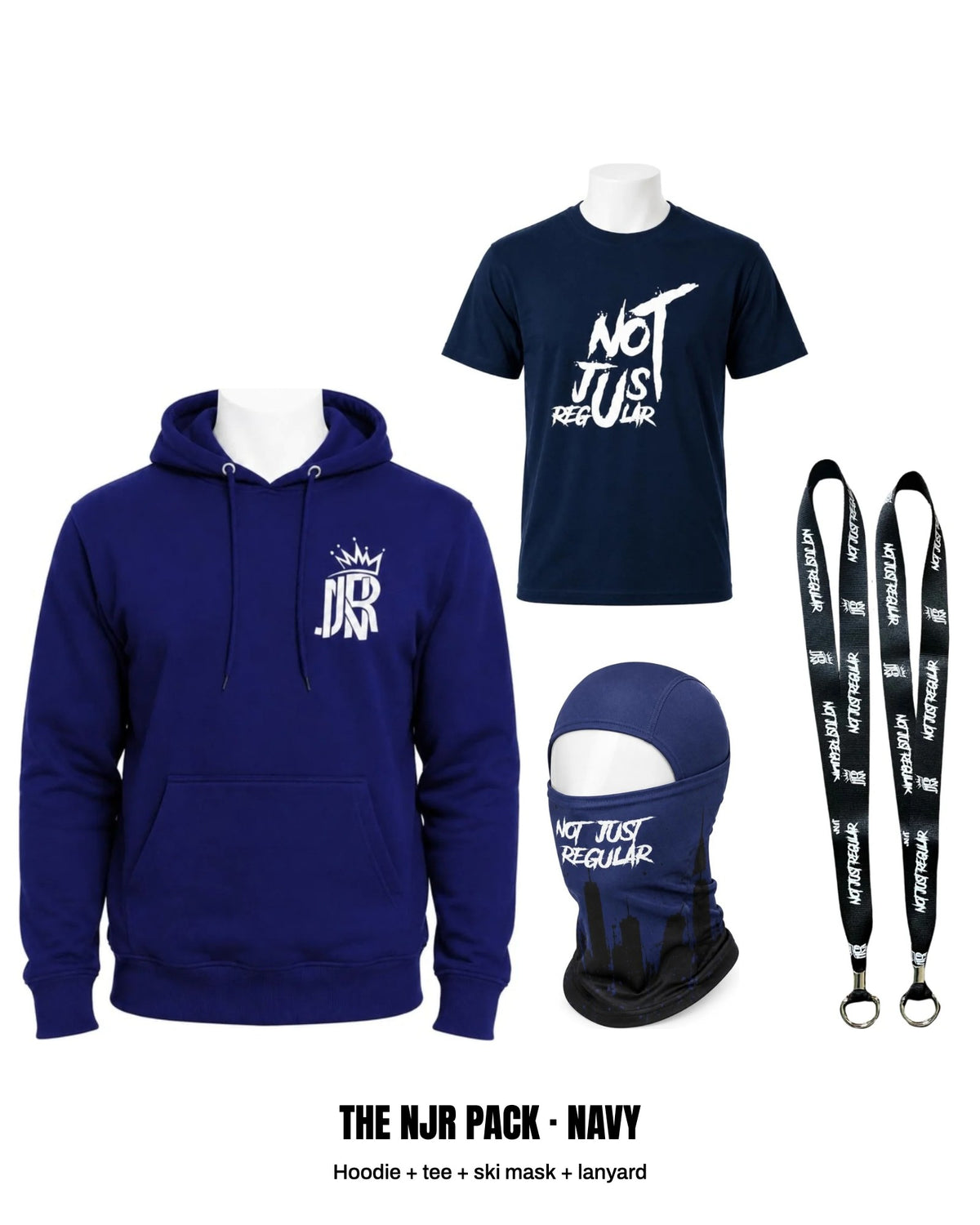 The NJR Pack in Navy: hoodie, tee, ski mask and lanyard