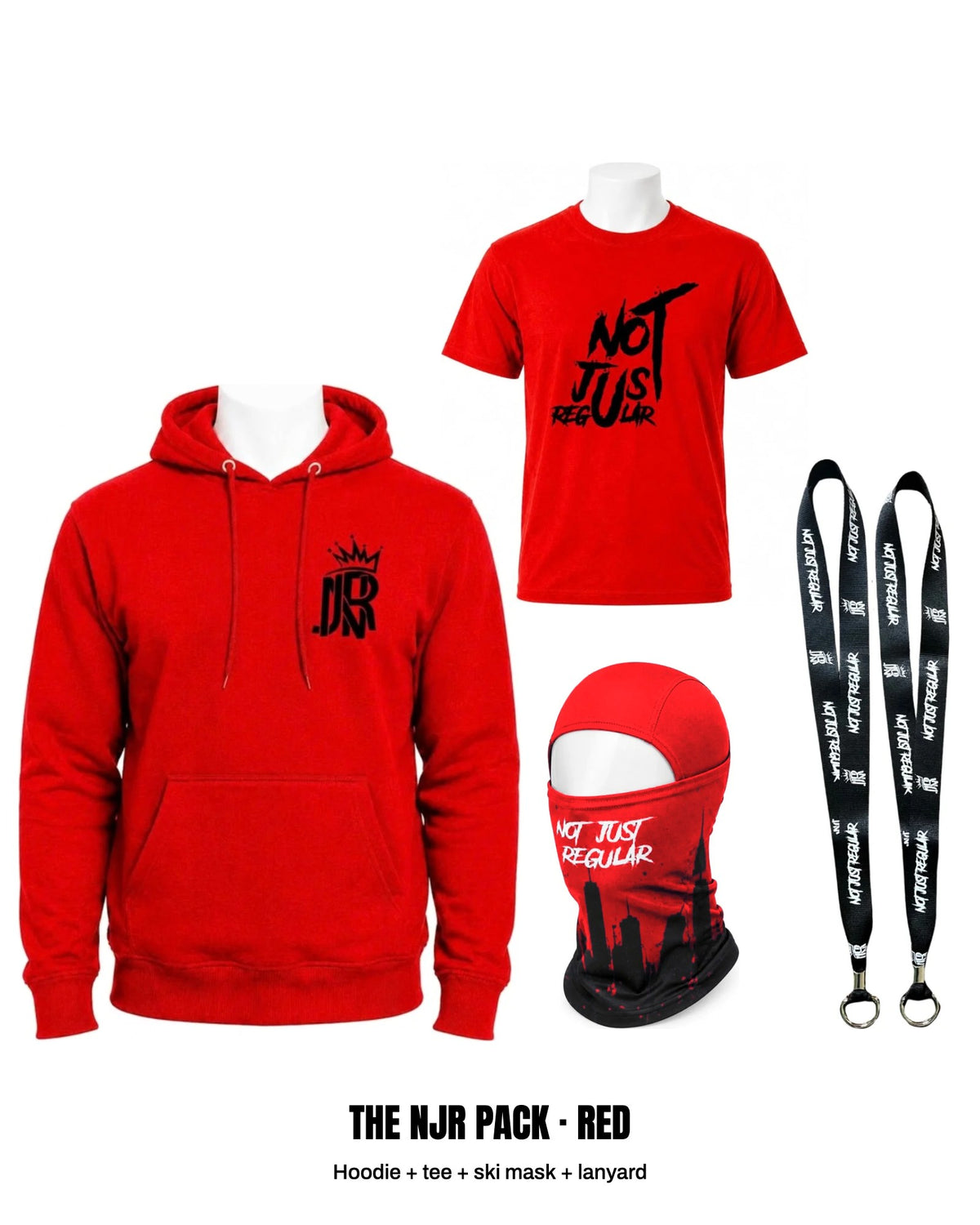 The NJR Pack in Red: hoodie, tee, ski mask and lanyard