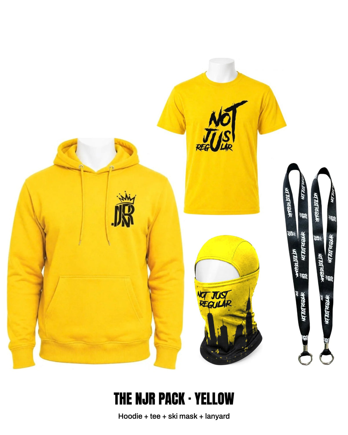 The NJR Pack in Yellow: hoodie, tee, ski mask and lanyard